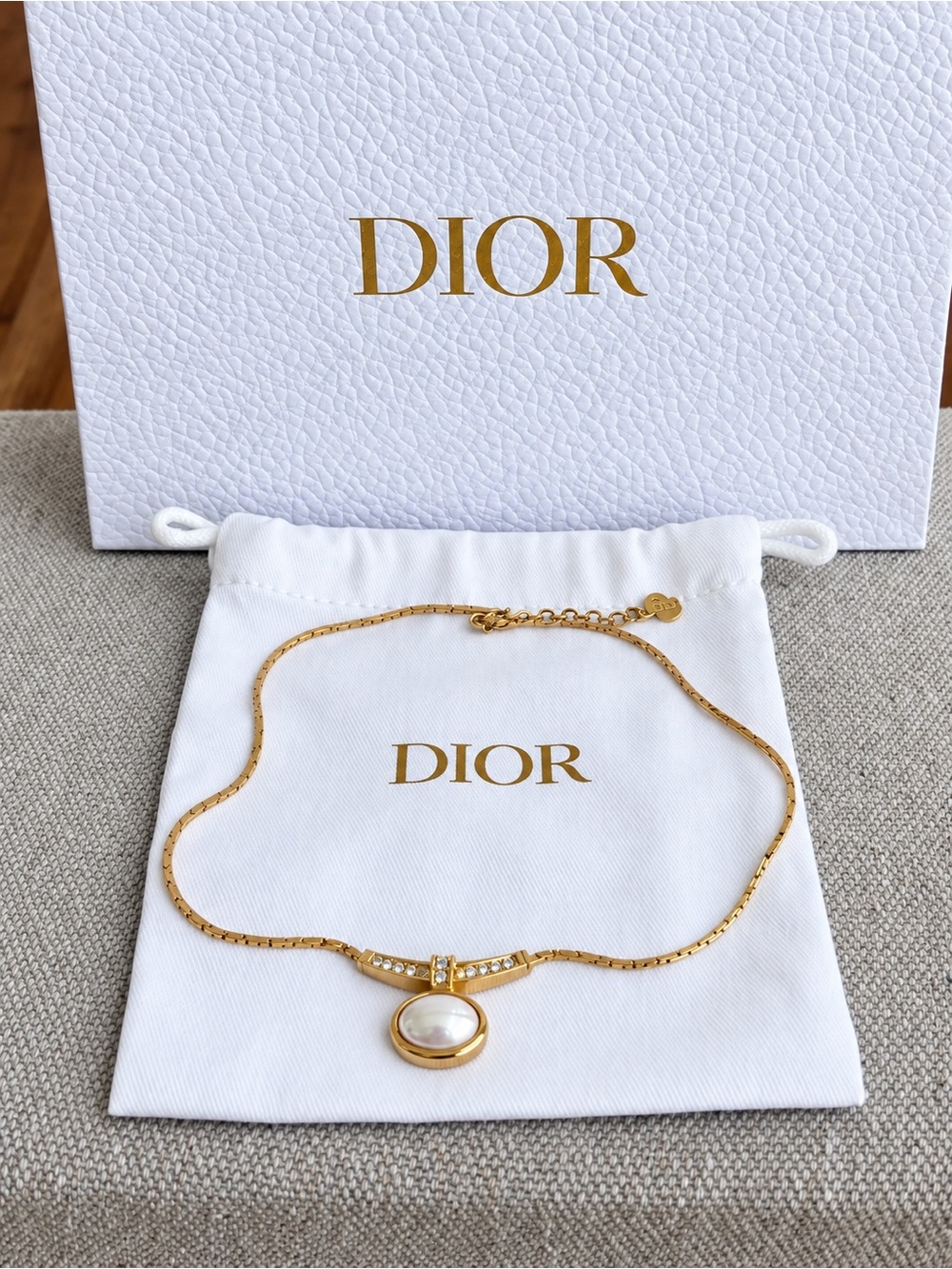 Vintage Christian Dior Gold-Tone Faux Pearl and Rhinestone Pendant Choker.